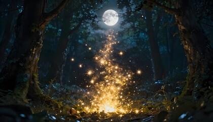 Enchanted forest scene with glowing golden magic particles rising under full moon light enchanted particles ethereal mystical sparkles atmospheric dreamlike illuminated mysterious landscape © krishna