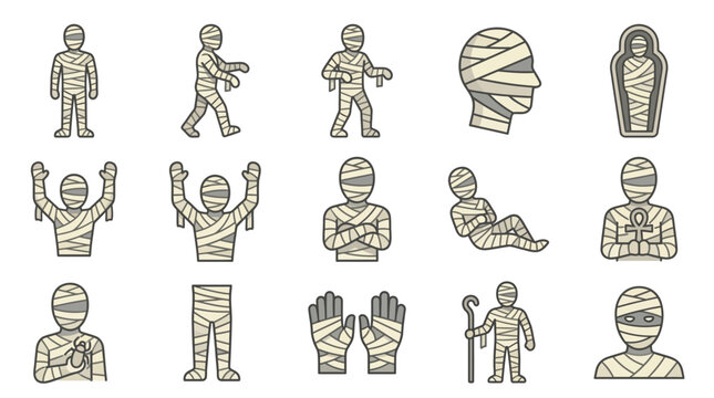 Egyptian mummy characters in various action poses.