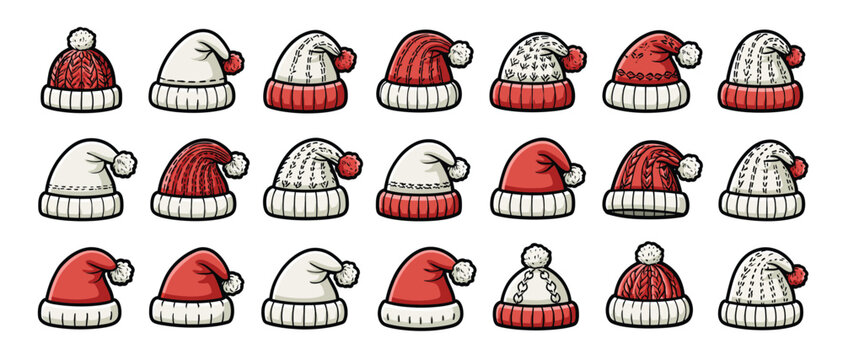 Set of hand drawn red and white knitted winter hats and Santa hats on white background