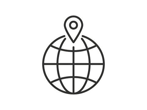 Global location pin line icon representing travel destination navigation and worldwide tracking position vector symbol
