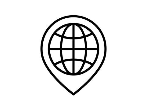 Globe map pin line icon representing global location navigation pointer and international travel destination vector concept