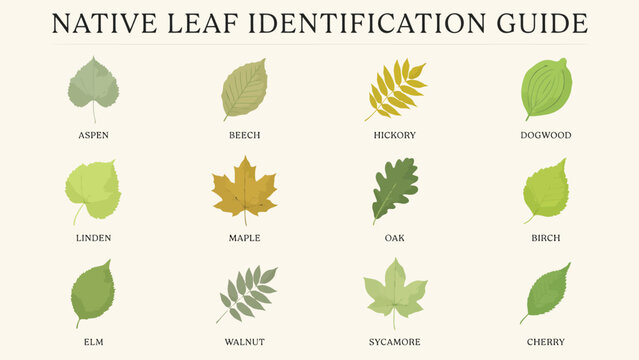 Collection of various native tree leaves displayed as a flat vector illustration with light backgrounds aspen leaf beech