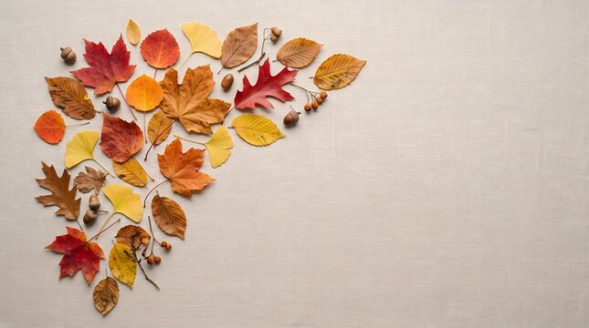 Creative flat lay layout with autumn leaves, seeds, and acorns forming a decorative corner frame on a neutral beige background.