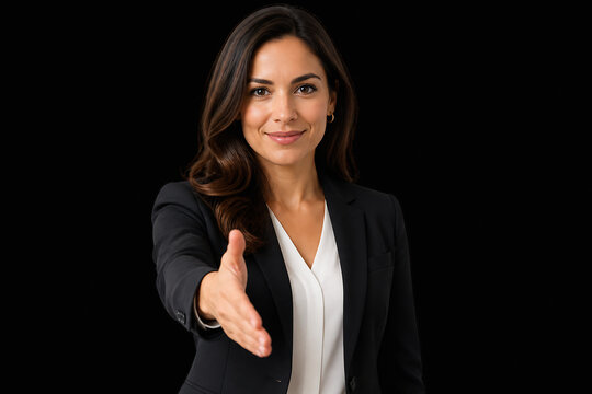 A professional woman in a black suit is smiling and gesturing with her hand against a black background.