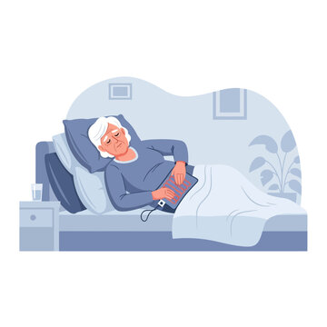 Elderly Woman In Bed Experiencing Abdominal Pain