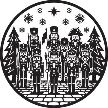 Vintage Christmas nutcracker soldier silhouettes in circular frame, traditional holiday nutcracker army with snowflakes and pine trees, black and white vector
