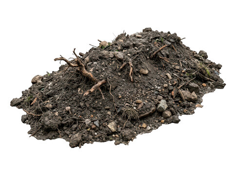 A pile of dark soil with roots and small stones isolated on transparent background for agricultural design.