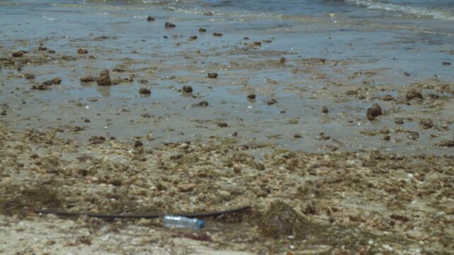 Fishing boats at a dirty beach on a windy day