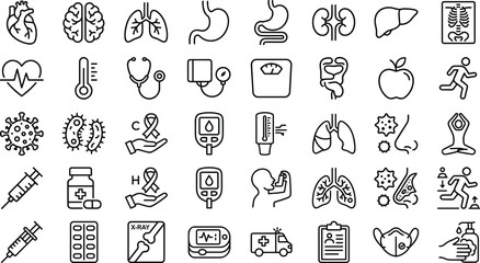 Naklejka premium Human internal organs and medical healthcare diagnostic line icon set isolated on white background