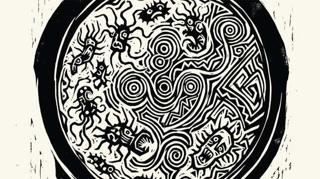 Detailed circular tribal pattern with monster and organic shapes.