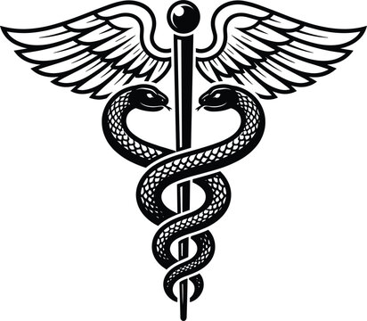 Caduceus medical symbol icon with two snakes and wings on staff for healthcare pharmacy clinic doctor emergency service and medicine emblem vector illustration