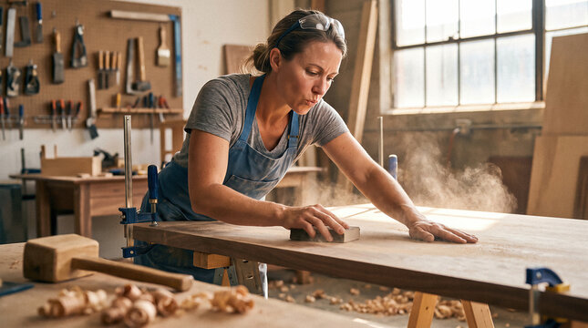 Woman Carpenter Sanding a Wooden Table in Her Workshop