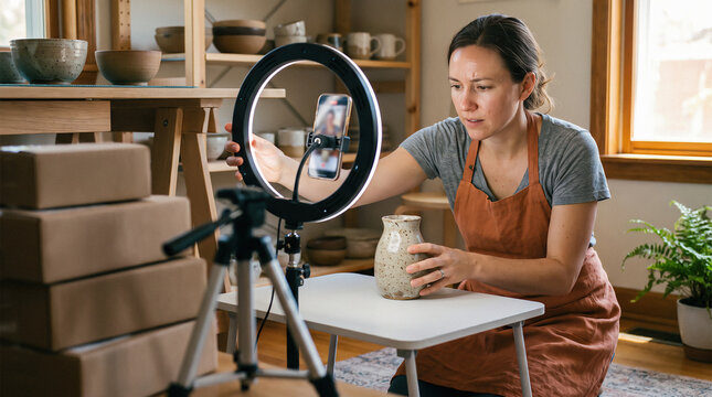 Woman Photographing Handmade Ceramic Vase with Ring Light and Phone