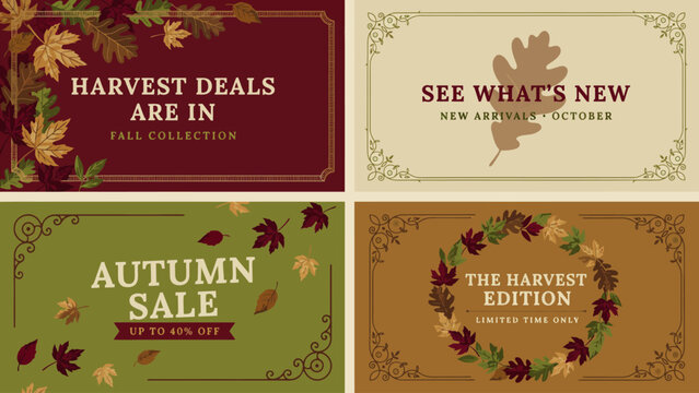 Autumn themed floral ornament collection with falling leaves and decorative borders vector illustration autumn fall foliage maple oak seasonal