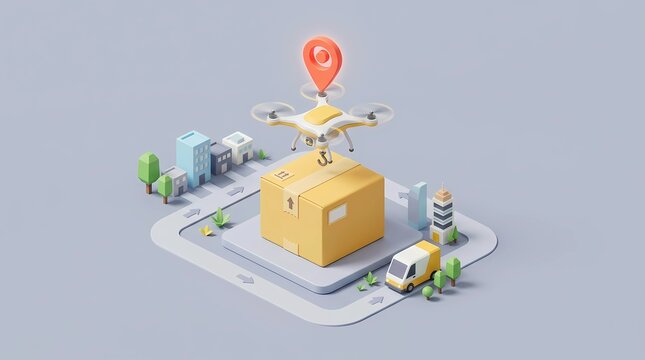 Isometric 3d render of an automated delivery drone carrying a parcel box over a modern city
