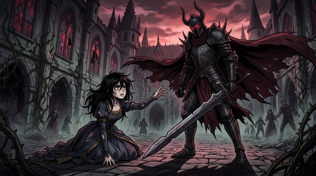 Gothic woman in a red dress standing before a monster 