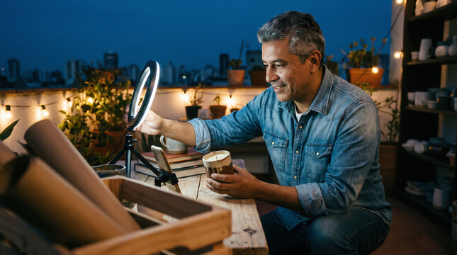 Man Photographing Coffee Product with Ring Light on Rooftop at Night