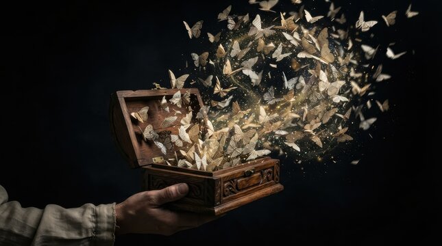 Wooden box opening with magic butterflies flying out