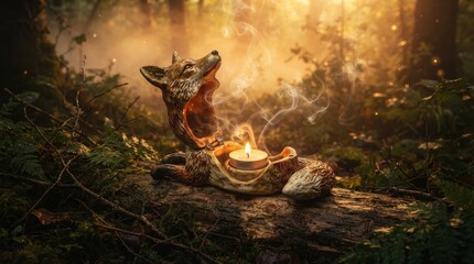 Obraz premium Fox shaped incense burner with candle in forest