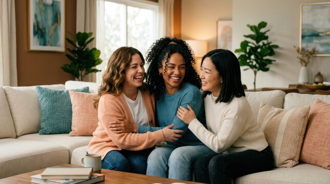 Three diverse women laughing and hugging on a sofa in a cozy living room