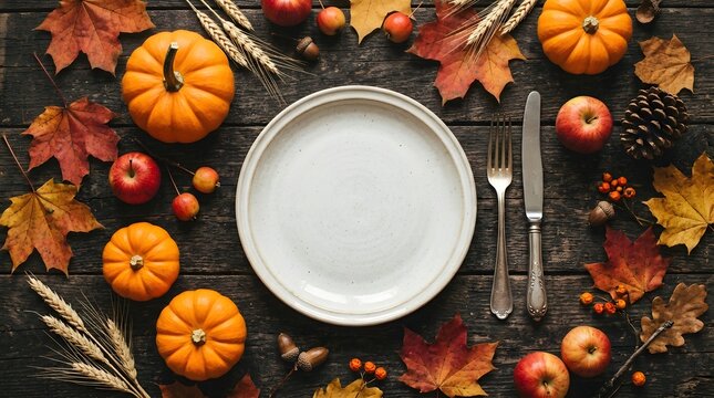 Top view of a festive dinner plate setting decorated with pumpkins and autumn leaves for a cozy halloween or thanksgiving celebration
