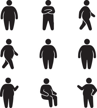 Overweight person icon set, obese man silhouette collection, fat body type vector symbols for health and medical infographics