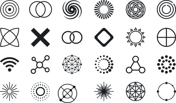 Collection of minimal abstract geometric logo icons with black monochrome symbols of wifi waves crosses circles starbursts and tech nodes for contemporary business branding vector illustration