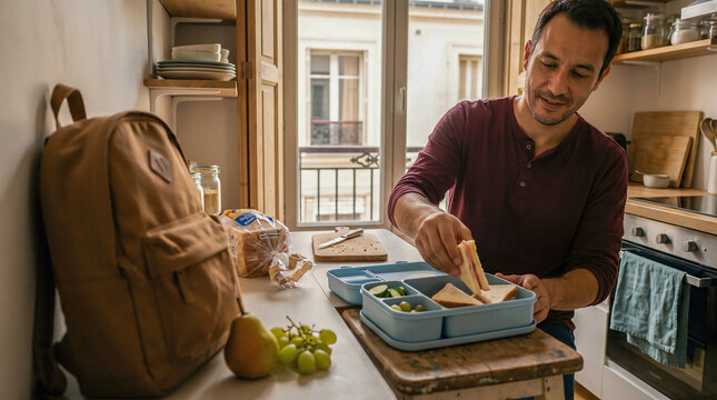 Father Packing School Lunchbox in European Apartment Kitchen