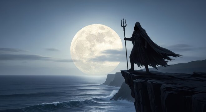 Mysterious robed figure holding a trident standing on a cliff under a full moon