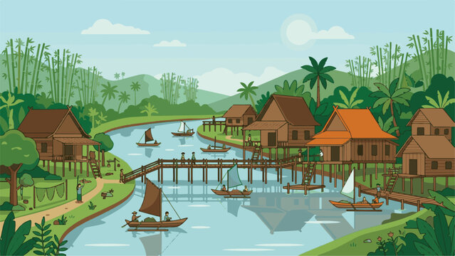 River village features traditional stilt houses and small wooden boats floating along a calm waterway.