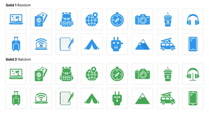 Random travel and adventure icon set in blue and green colors for vacation themes. © Mehedi