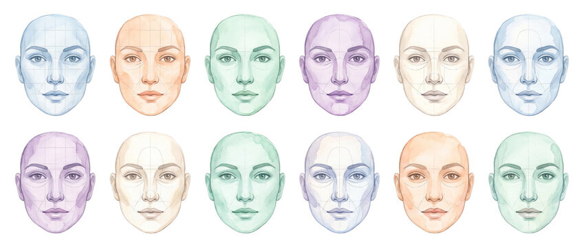 Female face proportion template watercolor sketch heads with anatomical mapping lines in diverse colors on black background for artistic study, portrait drawing guide, and beauty makeup face chart.