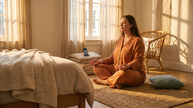 Woman Practicing Guided Breathing at Home Using Phone App