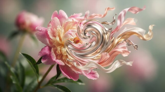 Pink peony flower with abstract flowing liquid metallic element