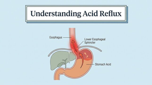 Acid reflux medical diagram showing stomach acid rising into the esophagus, GERD educational illustration, digestive system anatomy with labels