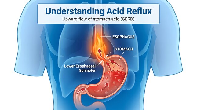 Acid reflux medical diagram showing GERD, upward flow of stomach acid in human digestive system, heartburn anatomy illustration with esophagus labels
