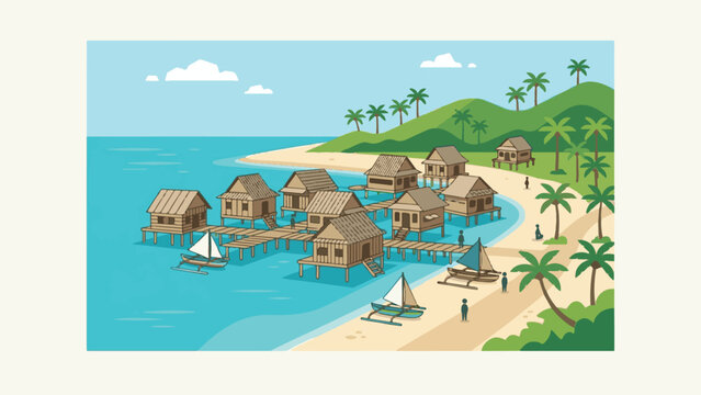 Stilt houses line the turquoise coastline of a serene tropical beach with small wooden fishing boats.