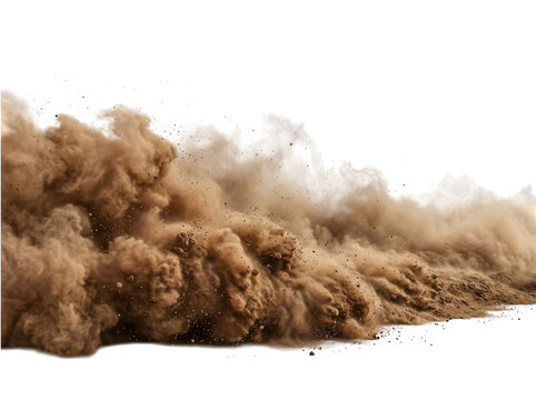 Heavy dust storm and ground cloud rolling isolated on transparent background. Desert terrain driving effect.
