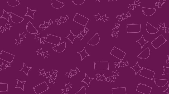 Pattern featuring purple background with hand-drawn geometric candy and star icons creates a playful decorative surface design for festive greeting cards and creative gift wrap projects.