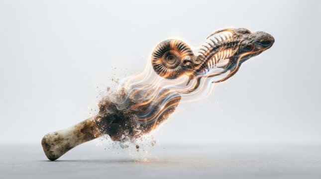 Fossilized amonite and fish skeleton in glowing energy dust