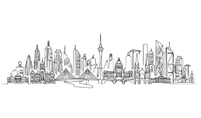 Obraz premium Elegant Continuous Line City Silhouette Vector Poster for Modern Interior and Office Decor