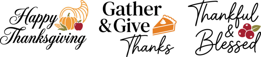 Set of decorative calligraphy designs for thanks giving holiday featuring autumn harvest elements and festive seasonal typography art pieces © KaziMuhibbur