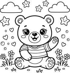 Cute bear cub waving hello among flowers hearts stars and clouds © NurA