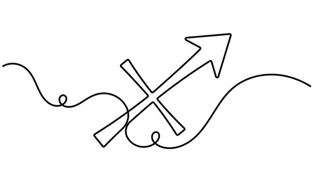 Sagittarius symbol animation archer arrow zodiac astrology sign continuous one line drawing minimalist single social media reels and horoscope video intros motion graphic moving on white background