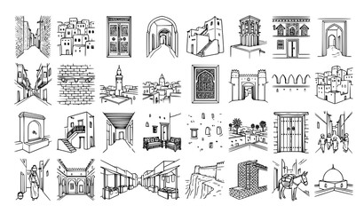Fototapeta premium AlUla Old Town Vector Bundle with Historic Saudi Arabian Mud Brick Street Illustrations