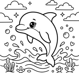Obraz premium Cute dolphin jumping through waves with hearts bubbles and stars in sky