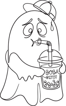 Cute ghost drinking boba tea funny halloween line art vector sticker