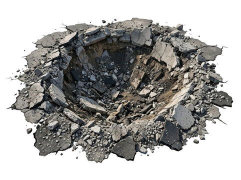 Crater hole with broken concrete isolated on transparent background. Ideal for war destruction and disaster design.