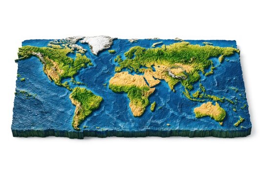 Colorful 3D world map relief on white background