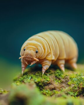 Close-up image of a pale, plump tardigrade standing on moss-covered surface against a blurred dark green background.